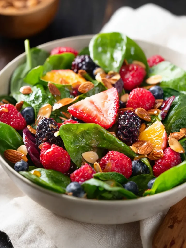Spinach Berry Salad with Brown Sugar Almonds and Lemon Dressing First Image